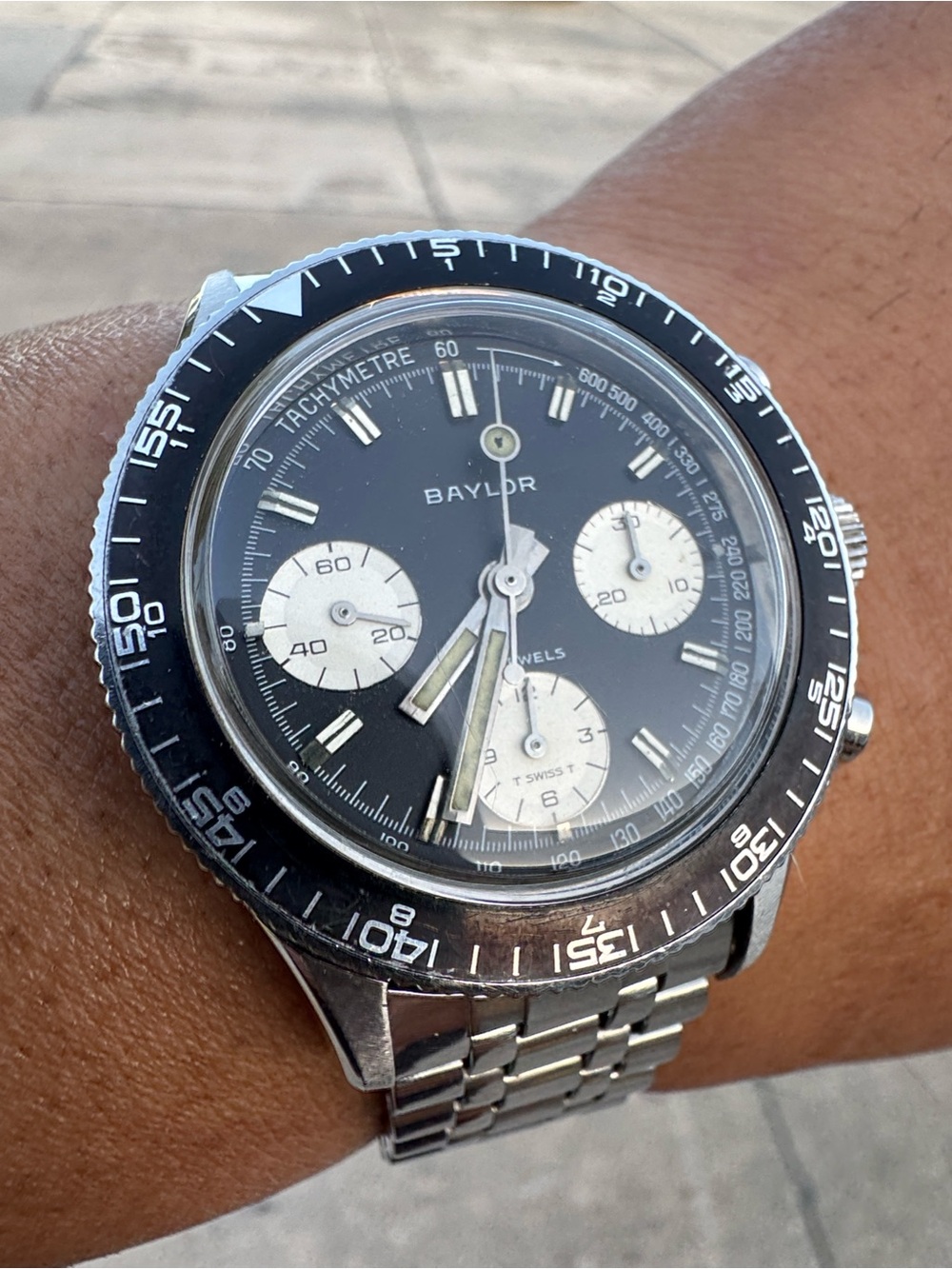 1970’s Baylor Chronograph Ref 1079 Reverse Panda 17  Jewel Sport Watch Serviced